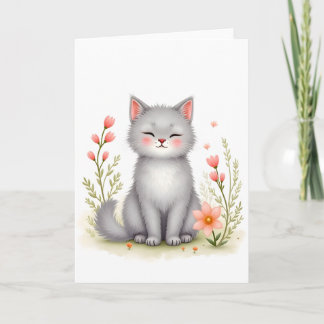 Aquarell-Kätzchen Hübsche Katze mit Blumen Blanko Karte
