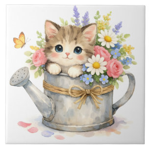 Aquarell-Kätzchen in einer Gießkanne mit Blumen Fliese