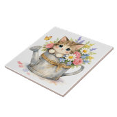 Aquarell-Kätzchen in einer Gießkanne mit Blumen Fliese (Seite)