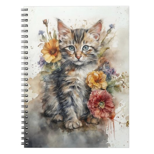 Aquarell-Kätzchen mit Wildblumen Spiralblock Notizblock (Vorderseite)