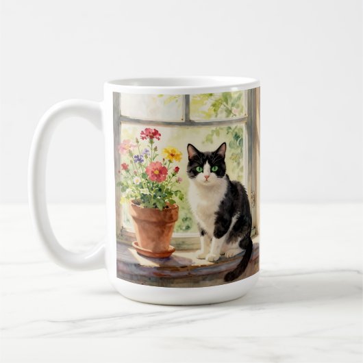 Aquarell-Katze, Blumen und Gedicht Kaffeetasse (Links)