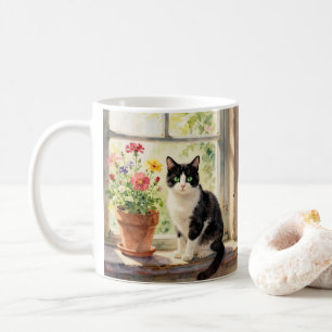 Aquarell-Katze, Blumen und Gedicht Kaffeetasse