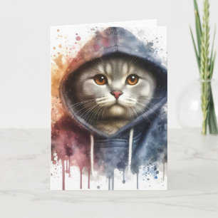 Aquarell-Katze in blauem Hoodie Splash Art Blank Karte