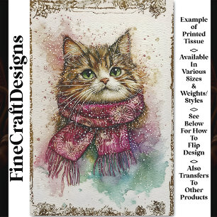 Aquarell-Katze, Magenta-Schal, Schnee BZ1 Decoupag Seidenpapier