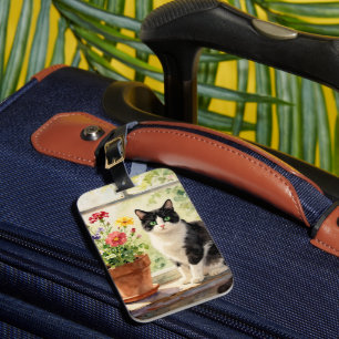 Aquarell-Katze und Blumen auf dem Fensterbrett Gepäckanhänger