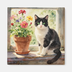 Aquarell-Katze und Blumen auf dem Fensterbrett Magnet