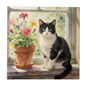 Aquarell-Katze und Blumen auf der Fensterbank Fliese