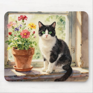 Aquarell-Katze und Blumen auf der Fensterbank Mousepad