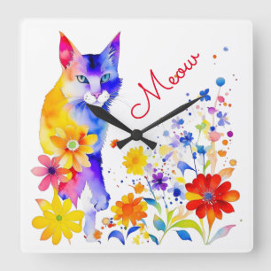 Aquarell-Katze und Blumen Miau Quadratische Wanduhr
