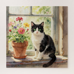 Aquarell-Katze und Blumen-Thema Puzzle