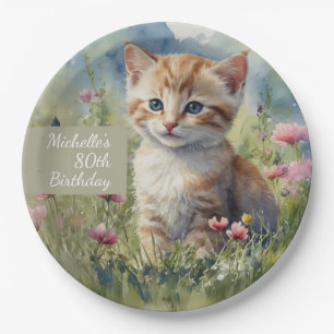 Aquarell-Katze-Wiesenblumen 80. Geburtstag Pappteller