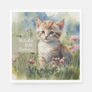 Aquarell-Katze-Wiesenblumen 80. Geburtstag Serviette