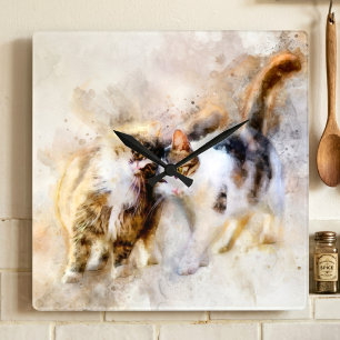 Aquarell-Katzen kuscheln in abstrakter Kunst Quadratische Wanduhr