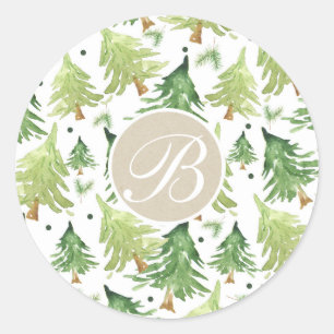 Aquarell-Kiefern-Bäume Moderne Rustikale Monogramm Runder Aufkleber