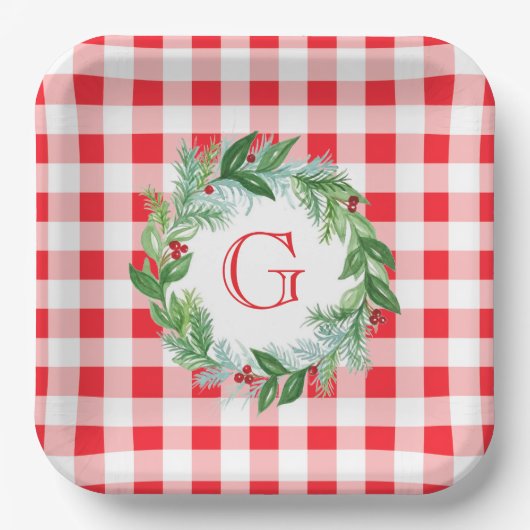 Aquarell-Kiefern-Kranz MONOGRAMM Rot Kariert Pappteller (Vorderseite)