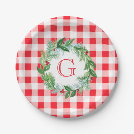 Aquarell-Kiefern-Kranz MONOGRAMM Rot kariert rund Pappteller