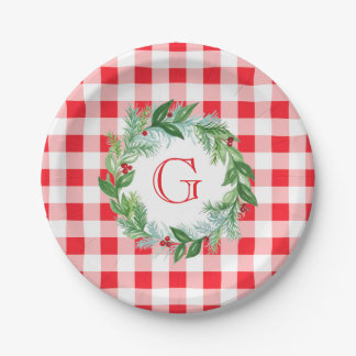 Aquarell-Kiefern-Kranz MONOGRAMM Rot kariert rund Pappteller