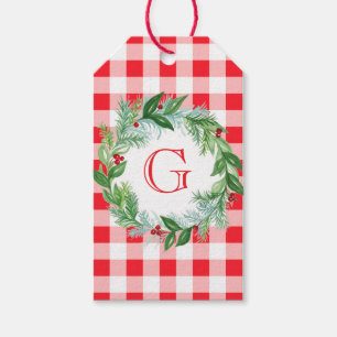 Aquarell-Kiefern-Kranz MONOGRAMM Rotkariert  Geschenkanhänger
