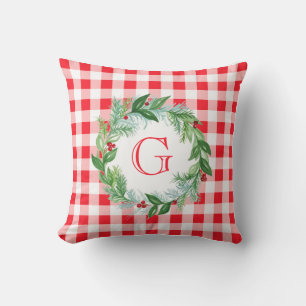 Aquarell-Kiefern-Kranz MONOGRAMM Rotkariert Kissen