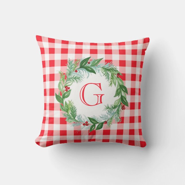 Aquarell-Kiefern-Kranz MONOGRAMM Rotkariert Kissen (Vorderseite)