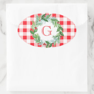Aquarell-Kiefern-Kranz MONOGRAMM Rotkariert  Ovaler Aufkleber