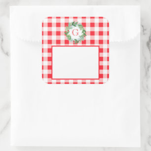 Aquarell-Kiefern-Kranz MONOGRAMM Rotkariert  Quadratischer Aufkleber