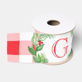 Aquarell-Kiefern-Kranz MONOGRAMM Rotkariert Ripsband