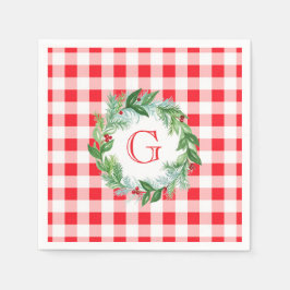 Aquarell-Kiefern-Kranz MONOGRAMM Rotkariert  Serviette