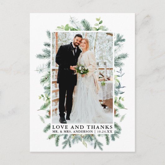 Aquarell-Kieferngrün Liebe und Dank Hochzeit Postkarte (Vorderseite)