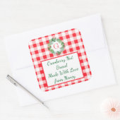 Aquarell-Kiefernkranz MONOGRAMM Rot kariert Grün Quadratischer Aufkleber (Umschlag)