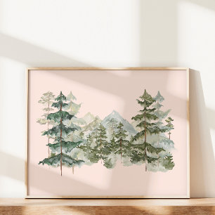 Aquarell-Kiefernwald und Berg-Ästhetik Poster