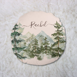 Aquarell-Kiefernwald und Berg-Ästhetik Rundes Kissen