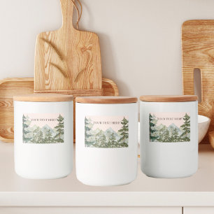 Aquarell-Kiefernwald und rustikale Berglandschaft Lebensmitteletikett