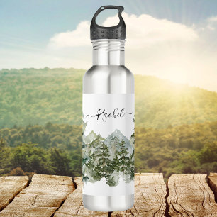 Aquarell-Kieferwald und Berg im Freien Edelstahlflasche