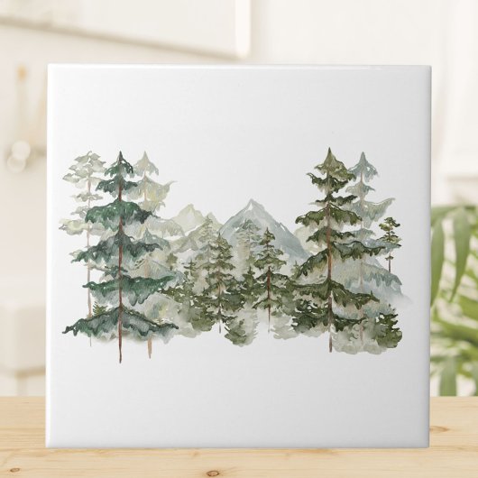 Aquarell-Kieferwald und rustikale Berge Fliese