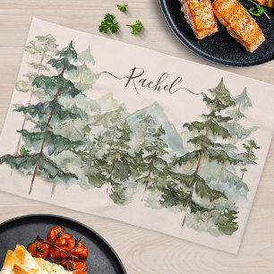 Aquarell-Kieferwald und rustikale Berge Geschirrtuch