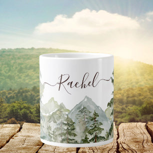 Aquarell-Kieferwald und rustikale Berge Jumbo-Tasse
