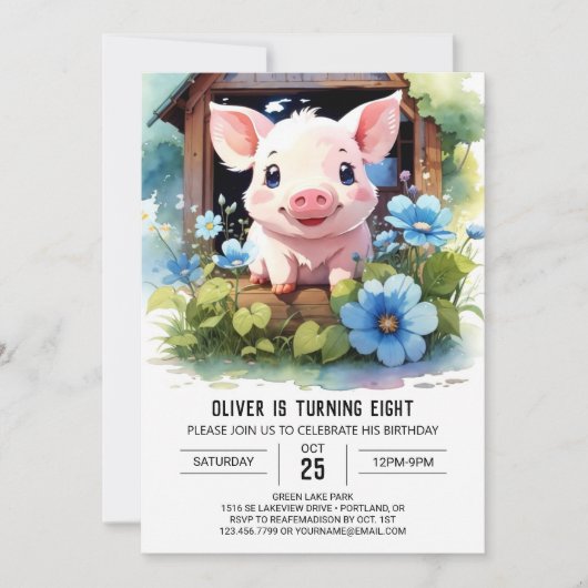 Aquarell Kinder Piglet Barnyard Geburtstag Einladung (Vorderseite)