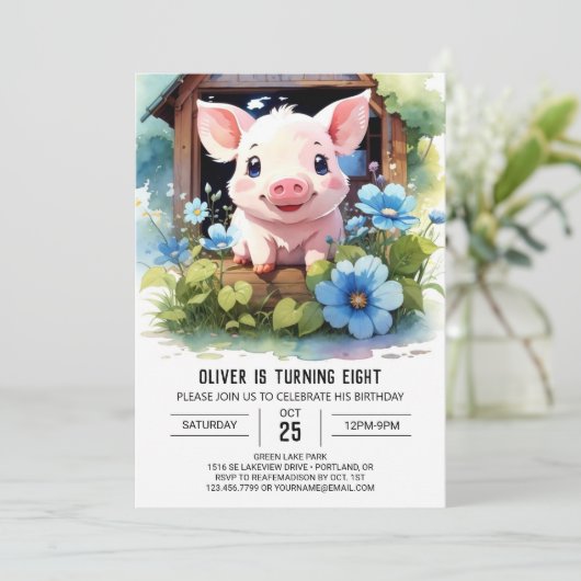Aquarell Kinder Piglet Barnyard Geburtstag Einladung (Stehend Vorderseite)