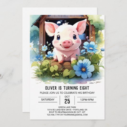 Aquarell Kinder Piglet Barnyard Geburtstag Einladung (Vorne/Hinten)
