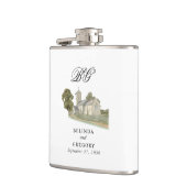 Aquarell-Kirche Traditionelles Monogramm-Hochzeit Flachmann (Links)