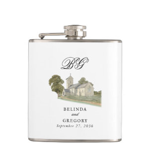 Aquarell-Kirche Traditionelles Monogramm-Hochzeit Flachmann