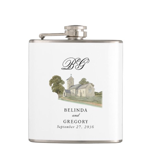 Aquarell-Kirche Traditionelles Monogramm-Hochzeit Flachmann (Vorderseite)