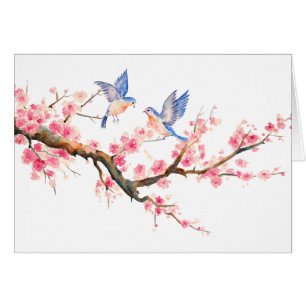 Aquarell-Kirschblüte und blaue Vögel