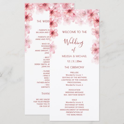 Aquarell-Kirschblüten-Hochzeit Programm (Vorne/Hinten)