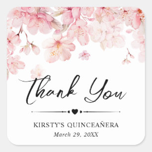 Aquarell-Kirschblüten-Kranz Quinceanera Quadratischer Aufkleber