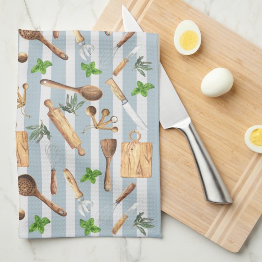 Aquarell Kitchen Monogram Utensils Modern Blue Geschirrtuch (Viertel Falte)