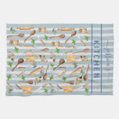 Aquarell Kitchen Monogram Utensils Modern Blue Geschirrtuch (Horizontal)