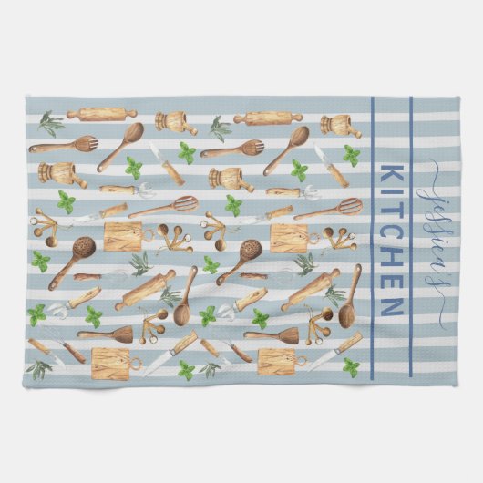 Aquarell Kitchen Monogram Utensils Modern Blue Geschirrtuch (Horizontal)