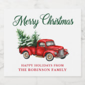 Aquarell Klassischer roter LKW Frohe Weihnachten Alkoholflaschenetikett (Einzelnes Label)